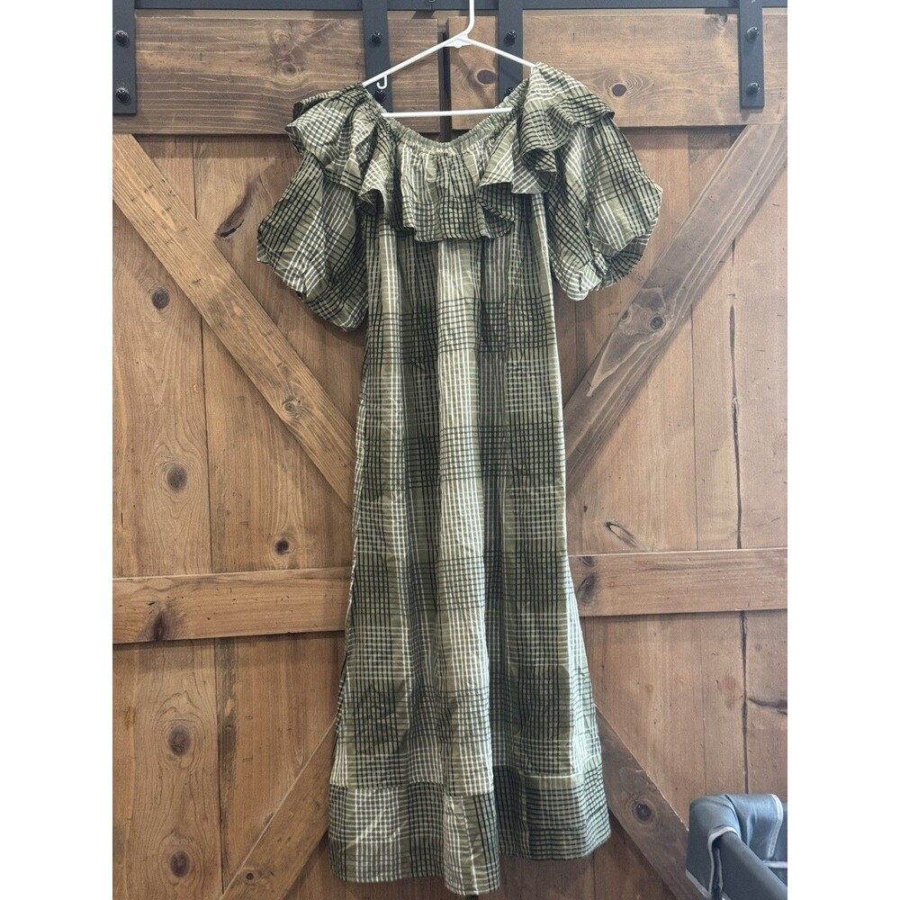 Mirth Handmade Collection Maxi Dress Olive Green Plaid Women's Sz S Tradwife Mod